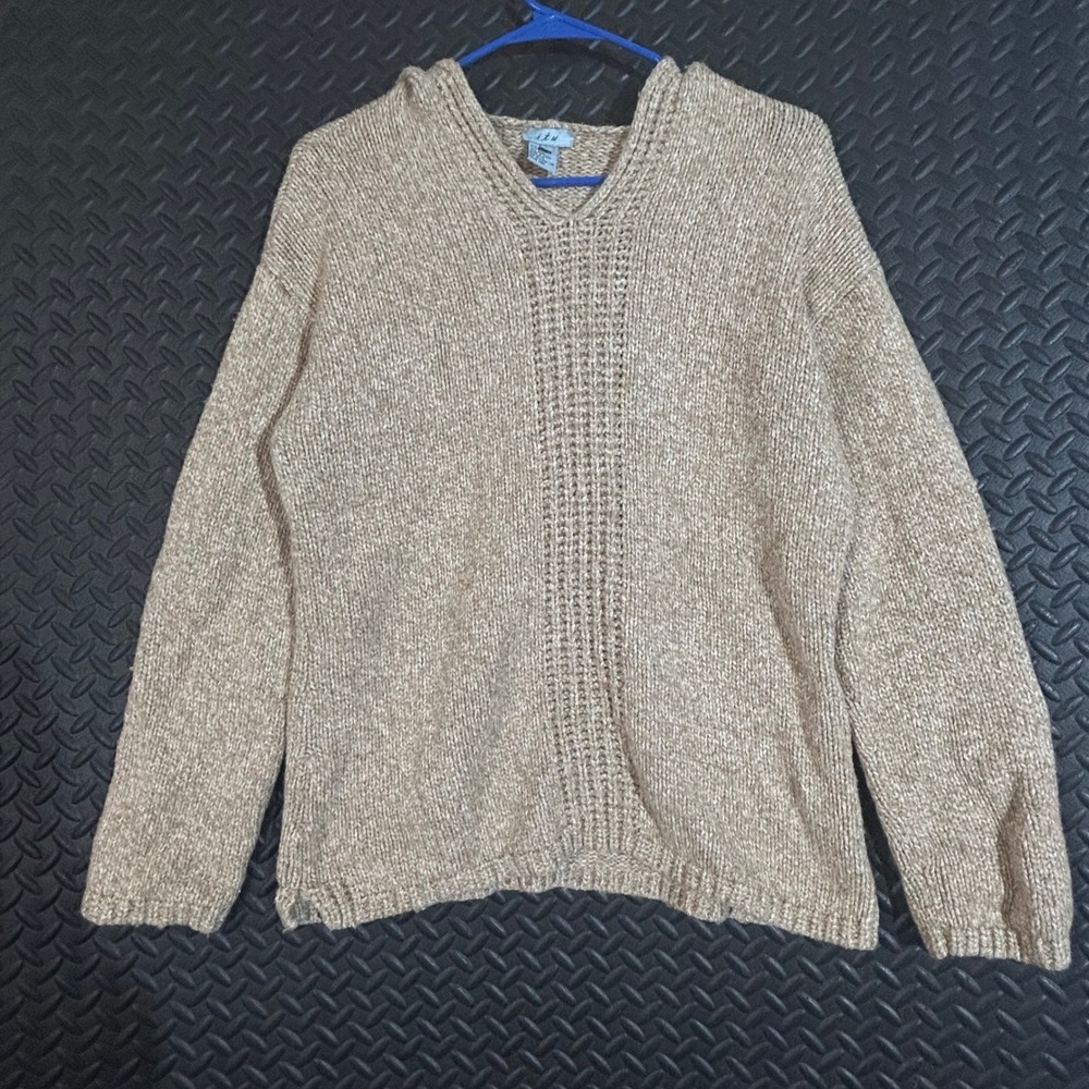 ITW Women‎ Tan Silk Blend Knit Hoodie Sweater Size M Boho Chunky Pullover Casual